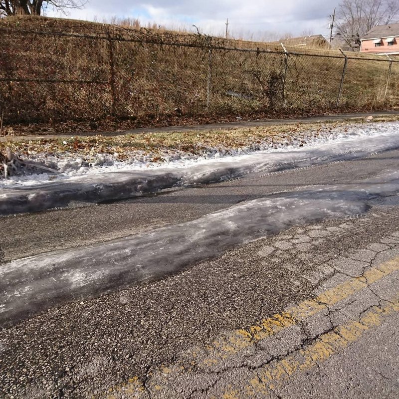 Crazy ice, at least six inches thick, on one downhill stretch of road.  At its worst you could not drive over it.  How was it formed with the non ice in the middle. It did not wear down to that.