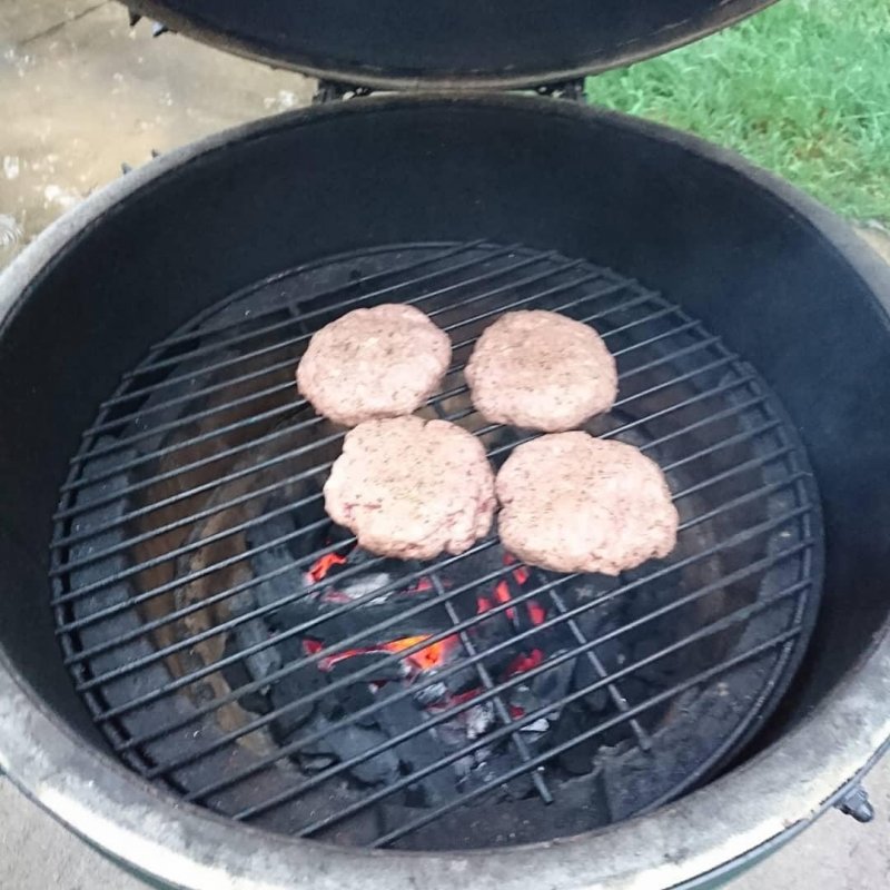 Bison Burgers on the Egg... Soon to be topped with egg. 